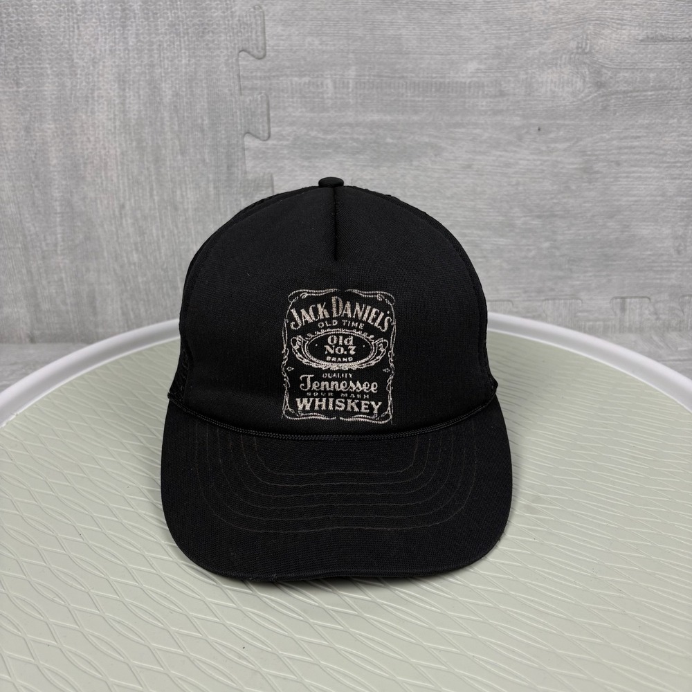 Vintage 80s Jack Daniels Trucker Hat Cap Snapback Black Tennessee Whiskey‎ Rope